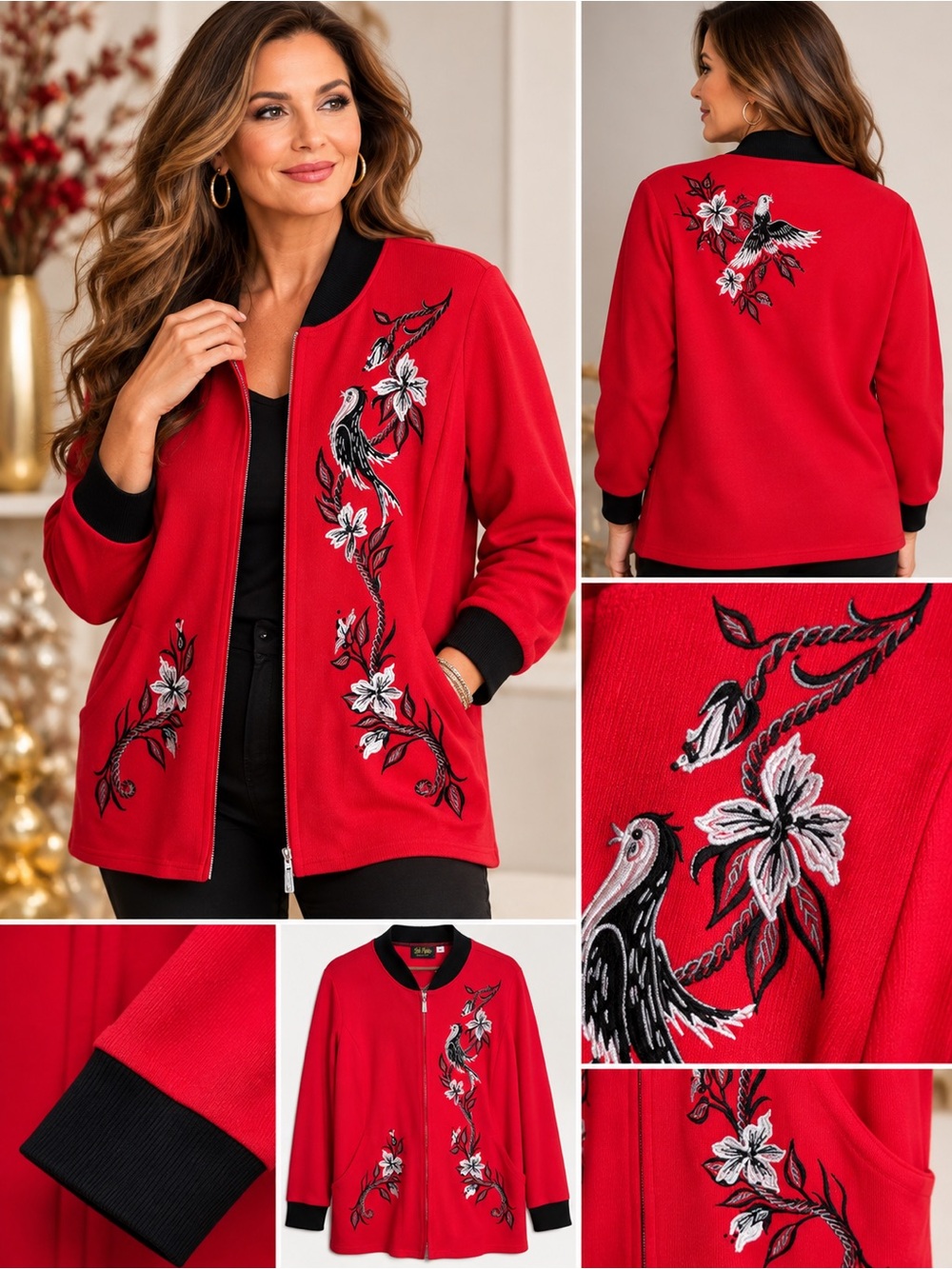 Bob Mackie Wearable Art Red Embroidered Bird Floral Zip Jacket Women’s 1X